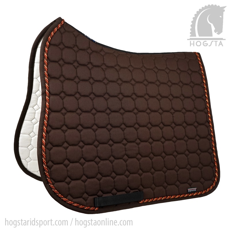 Brunt dressyrschabrak Octagon med koppar brun och rostorange passpoal från Equiline Hogsta Ridsport.
