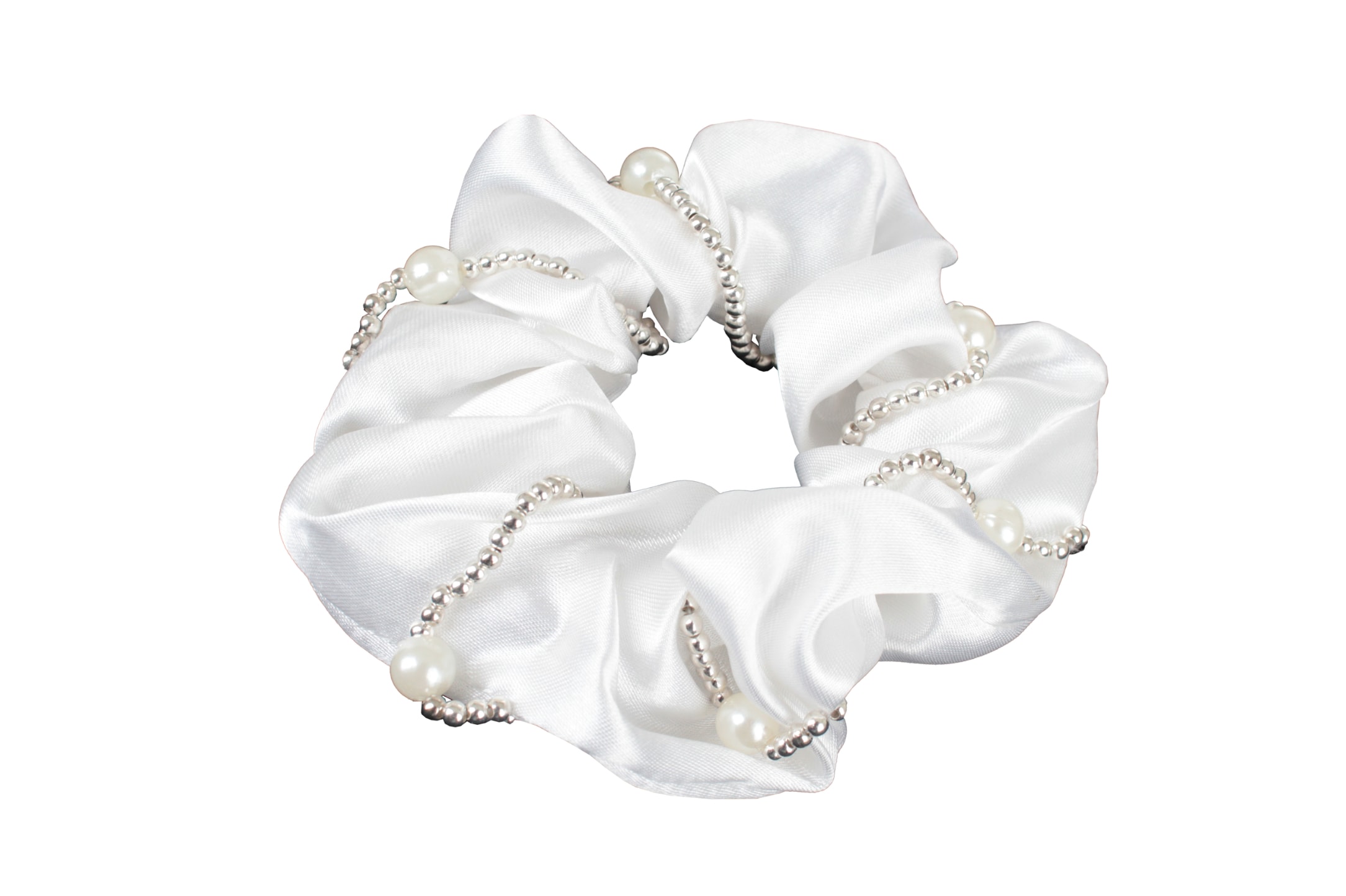 Haargummi Satin mit Perlen - Weiß